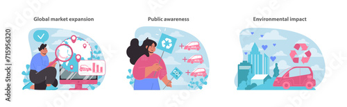 Electric car impact set. Exploring market growth, raising public awareness, and assessing environmental influence. Promoting green future. Flat vector illustration.
