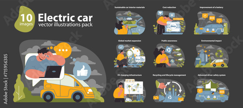 Electric Car Vector Illustrations Pack. A comprehensive set of visuals exploring electric vehicle technology, sustainability, and industry growth. Flat vector illustration.