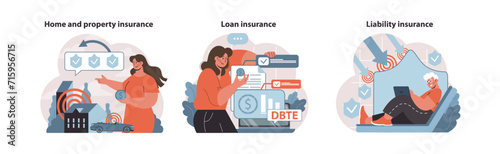 Insurance protection set. Detailed visuals on home, loan, and liability coverage. Financial security strategies for property and personal obligations. Flat vector illustration.