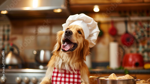 A funny Golden Retriever in a chef s hat and apron  caught mid-bark while  cooking  in a toy kitchen. The expressive canine chef adds a humorous twist to the culinary-themed ensemb