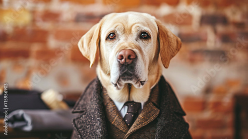 An expressive Labrador Retriever donning a dapper suit and tie, seemingly ready for a formal affair. The dog's comical sophistication and impeccable attire add a touch of humor to