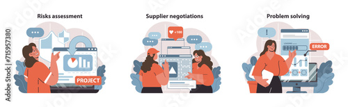 Project Management skills. Analyzing risks, negotiating with suppliers, and troubleshooting. Key aspects of managing projects visualized. Flat vector illustration.
