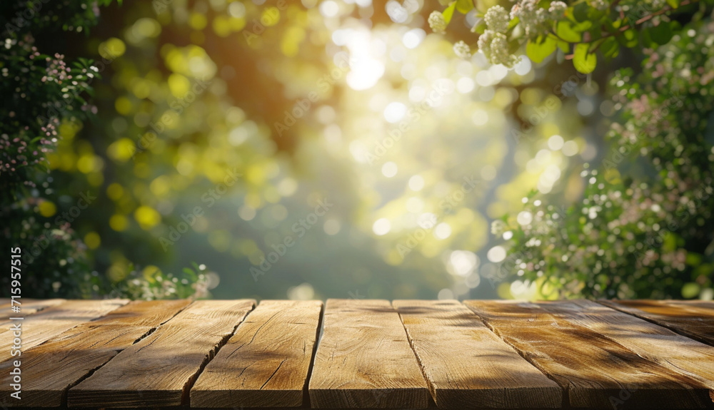 Outdoor background Wooden table in 3d png transparent using for product presentation. Created using generative AI. - obrazy, fototapety, plakaty 