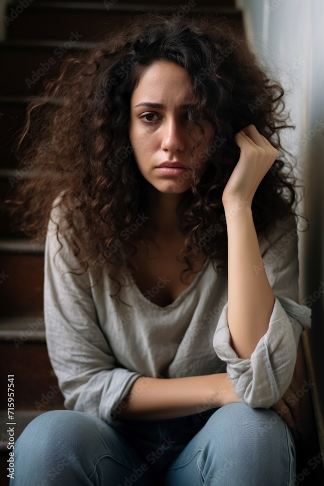 beautiful brunette with curly hair with sadness and depression beautiful brunette with curly hair with sadness and depression