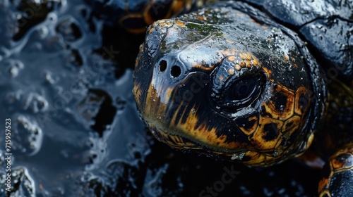 Close-up of turtle covered with petroleum