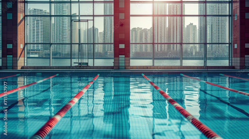 Close-up View Of Olympic Swimming Pool With Cityscape Through The Window