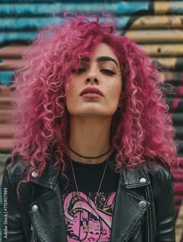 Photorealistic Adult Persian Woman with Pink Curly Hair vintage Illustration. Portrait of a person in Punk Subculture aesthetics. DIY fashion. Ai Generated Vertical Illustration.