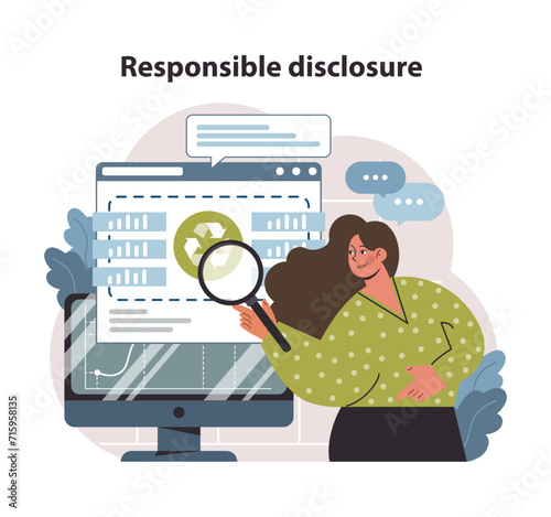 Responsible disclosure concept. Transparency in sustainability reporting. Ethical data sharing for informed decisions. Flat vector illustration.
