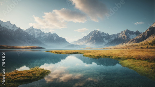 Painting of a mountain lake with a mountain