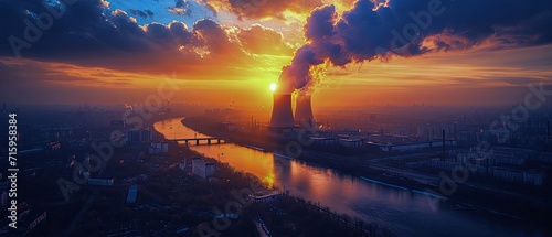 Nuclear power plant against sky by the river