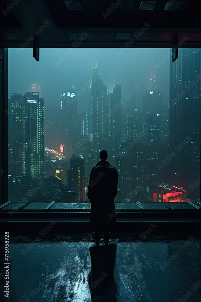 Fototapeta premium Silhouette of person standing in modern futuristic building against dark neon city