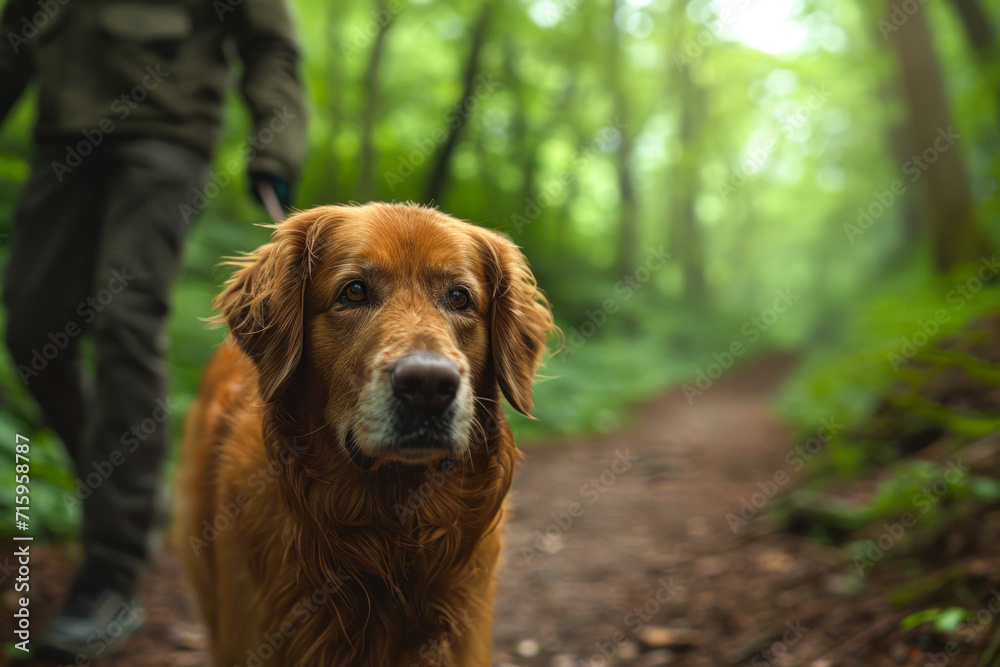 Golden Retriever on a Forest Trail.