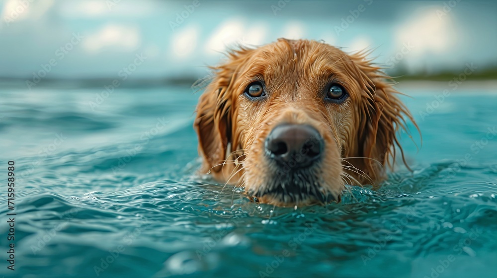 A dog in a life jacket swims in the middle of the ocean A dog in a life jacket swims in the middle of the ocean