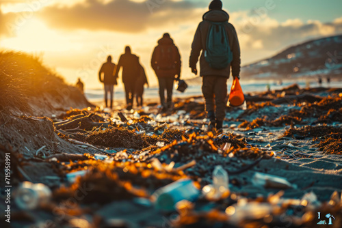 Group of Friends Walking on Beach at Sunset.