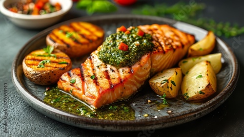 Salmon with Pesto and baked Potatoes