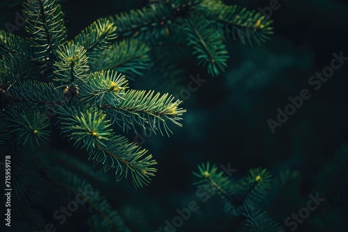 Green pine needles on a dark background