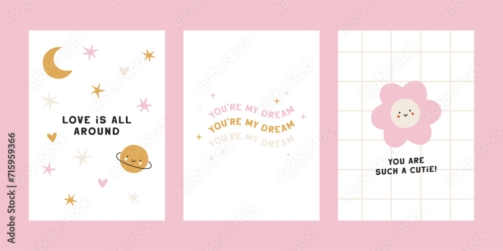Set of hand drawn Valentines cards with cute smiling flower, planet and stars. Trendy modern greeting template. Lovely vector illustration for romantic holidays, Valentines design, festive prints