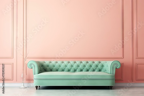 Serene peach wall with white accents, harmonized by a pastel green luxury sofa, providing a backdrop of classic elegance.