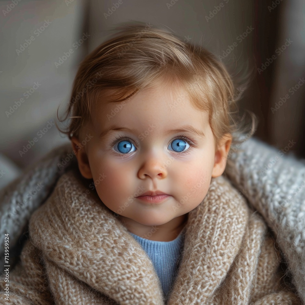 A cherubic toddler, swaddled in a cozy blanket, gazes up with bright blue eyes and a soft cheek, captivating the viewer with his innocent beauty A cherubic toddler, swaddled in a cozy blanket, gazes up with bright blue eyes and a soft cheek, captivating the viewer with his innocent beauty