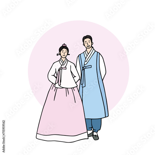 A couple wearing hanbok, traditional Korean clothes. Hand-drawn vector illustrations