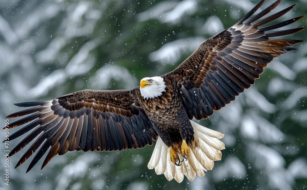 Amidst the serene winter landscape, a majestic bald eagle soars through the frosty air, its powerful wings outstretched and beak poised for a hunt