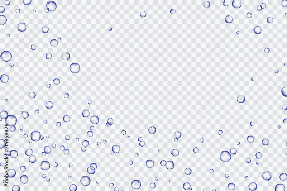 Blue air bubbles, oxygen, champagne crystal clear, isolated on a transparent background of modern design. Vector illustration of EPS 10.