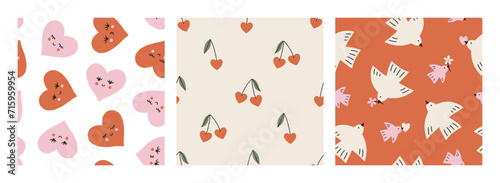 Set of Valentines vector seamless patterns. Groovy trendy romantic background. Lovely cartoon patterns with smiling hearts, cherry hearts and birds for Valentines designs, fabric, wallpaper. Love art