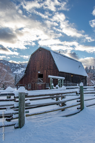 Old Wooden Barn at the Edge of an Evergreen Forest - Methow Valley, Washington, USA (Winter) photo