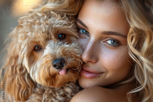 A brown-haired woman strikes a pose with her beloved labradoodle, their bond as inseparable as the poodle-terrier crossbreed itself