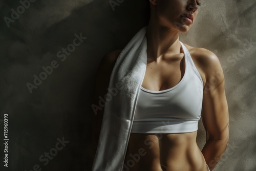 Athletic young woman after sport with towel on shoulder. Jeune femme athlétique après le sport avec une serviette sur l'épaule.
