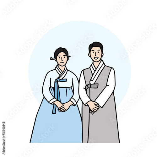 A couple wearing hanbok, traditional Korean clothes. Hand-drawn vector illustrations