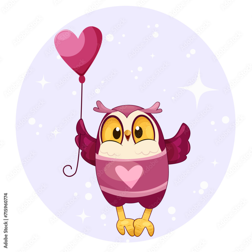A cartoon owl in a pink sweater and with a balloon . Congratulations on St. Valentine's day, postcard, sticker. Children's illustration