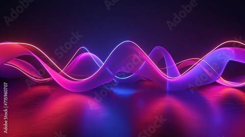 3d render. Abstract panoramic background of curvy dynamic neon lines glowing in the dark room with floo reflection. Virtual fluorescent ribbon.Fantastic photo