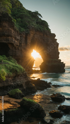 Nice scenery of rock formations by the sea, at sunset