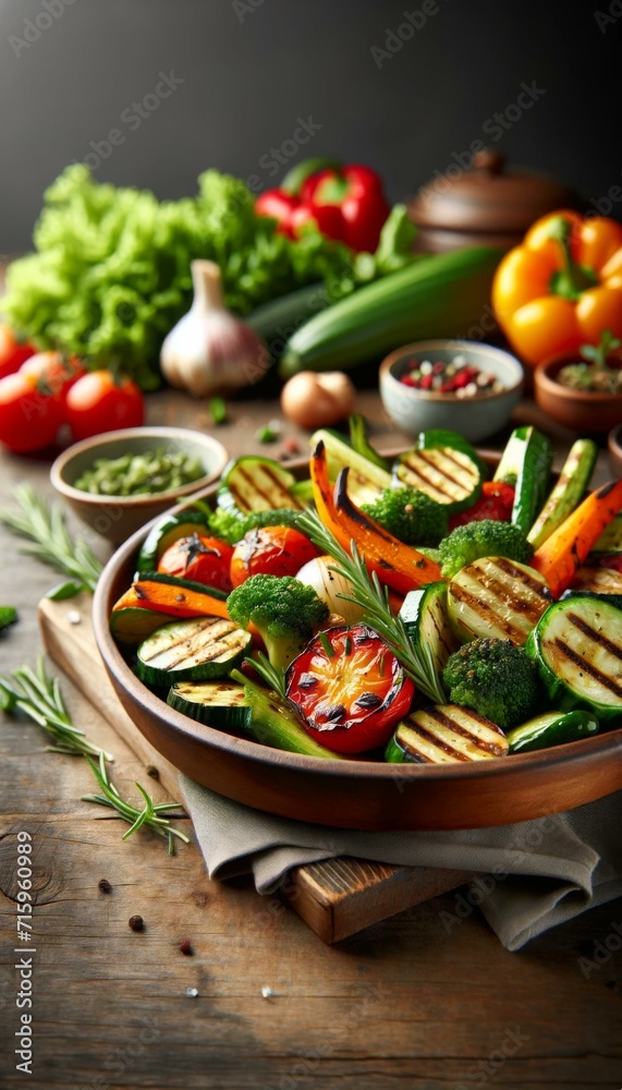 Fresh Grilled Vegetables on Wooden Table, Healthy Eating Concept