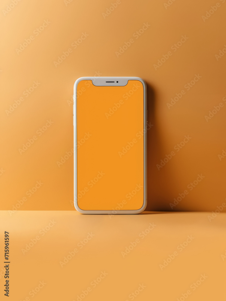 Modern smartphone with a blank screen on an orange platform against a matching backdrop. Modern smartphone with a blank screen on an orange platform against a matching backdrop.