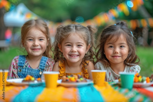 A joyful group of young girls, dressed in colorful clothing, sit around an outdoor table with delicious food and cups in hand, smiling as they share a meal and laughter with a playful toddler