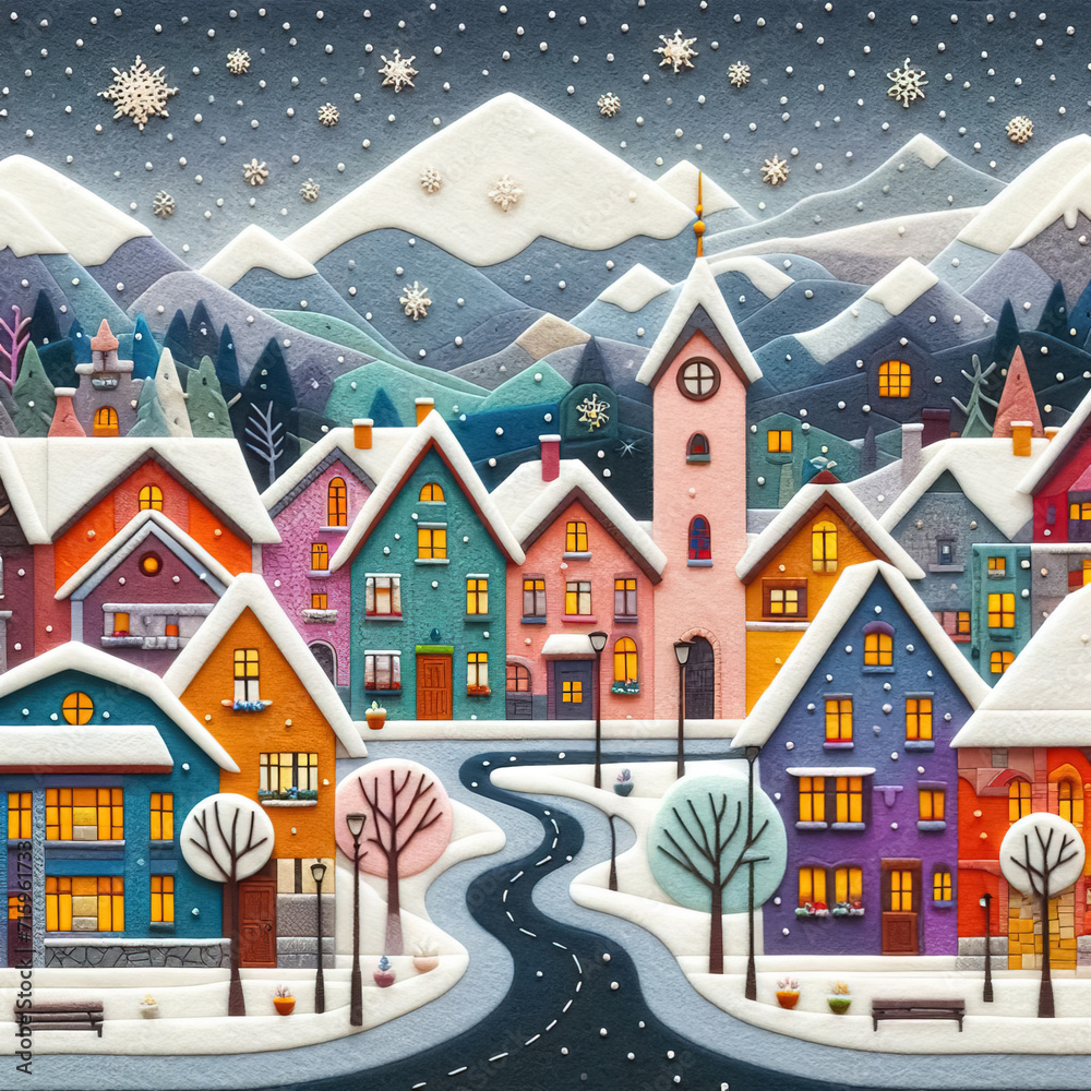 felt art patchwork, European colorful houses along winter snowy street, minimalist style flat art design landscap