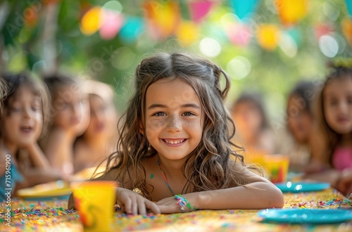 A young girl beams with joy and excitement as she celebrates her birthday outdoors, dressed in colorful clothing and flashing a bright smile for the camera