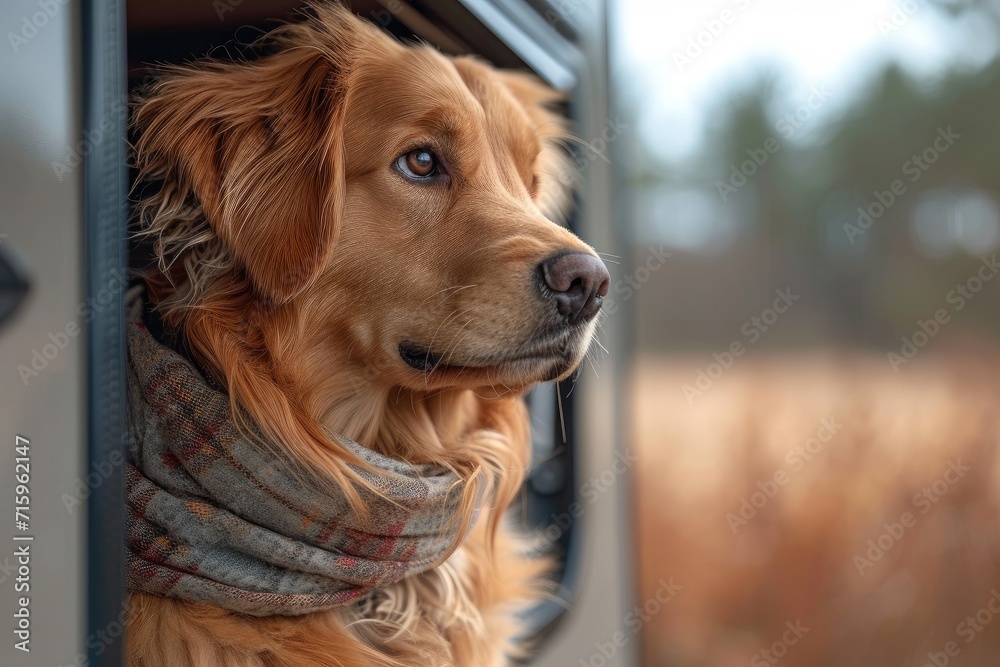 A majestic sporting breed dog, wearing a cozy brown scarf, gazes longingly out the window, longing for adventure and the great outdoors