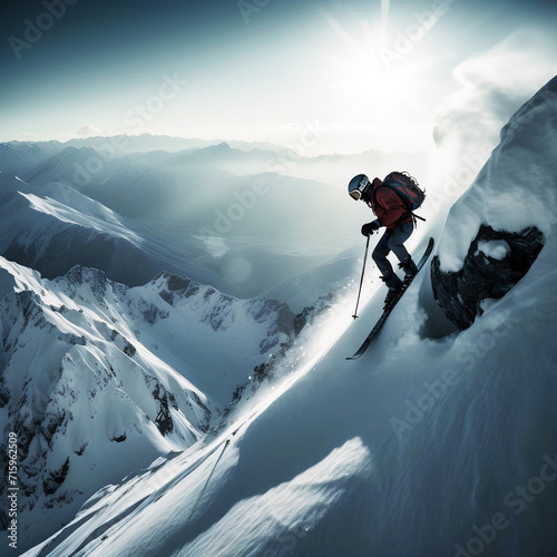 an extreme sports skier flying off the edge