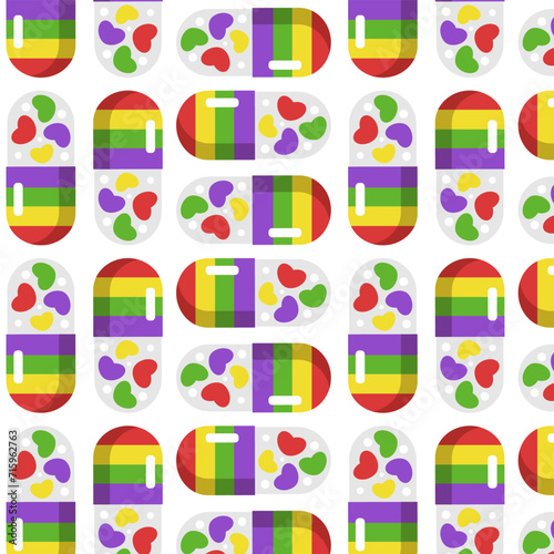 Vector colorful pills, medicines and supplements seamless pattern. Rainbow color, bright print on white background