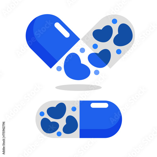 Valentine Sticker. Blue color. Modern Flat Vector Concept Illustrations. Capsule Pill with Hearts Icon. Social Media Ads.
