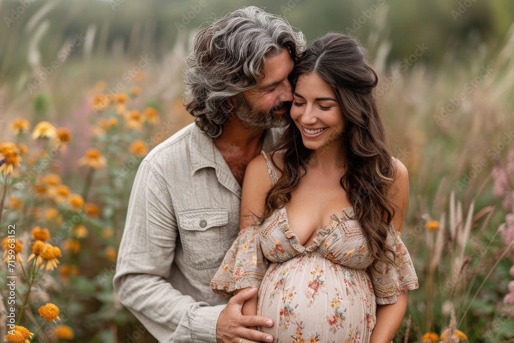 Fototapeta premium A couple embraces in a sea of blooming flowers, their joyful smiles and delicate attire blending into the picturesque landscape of love and romance