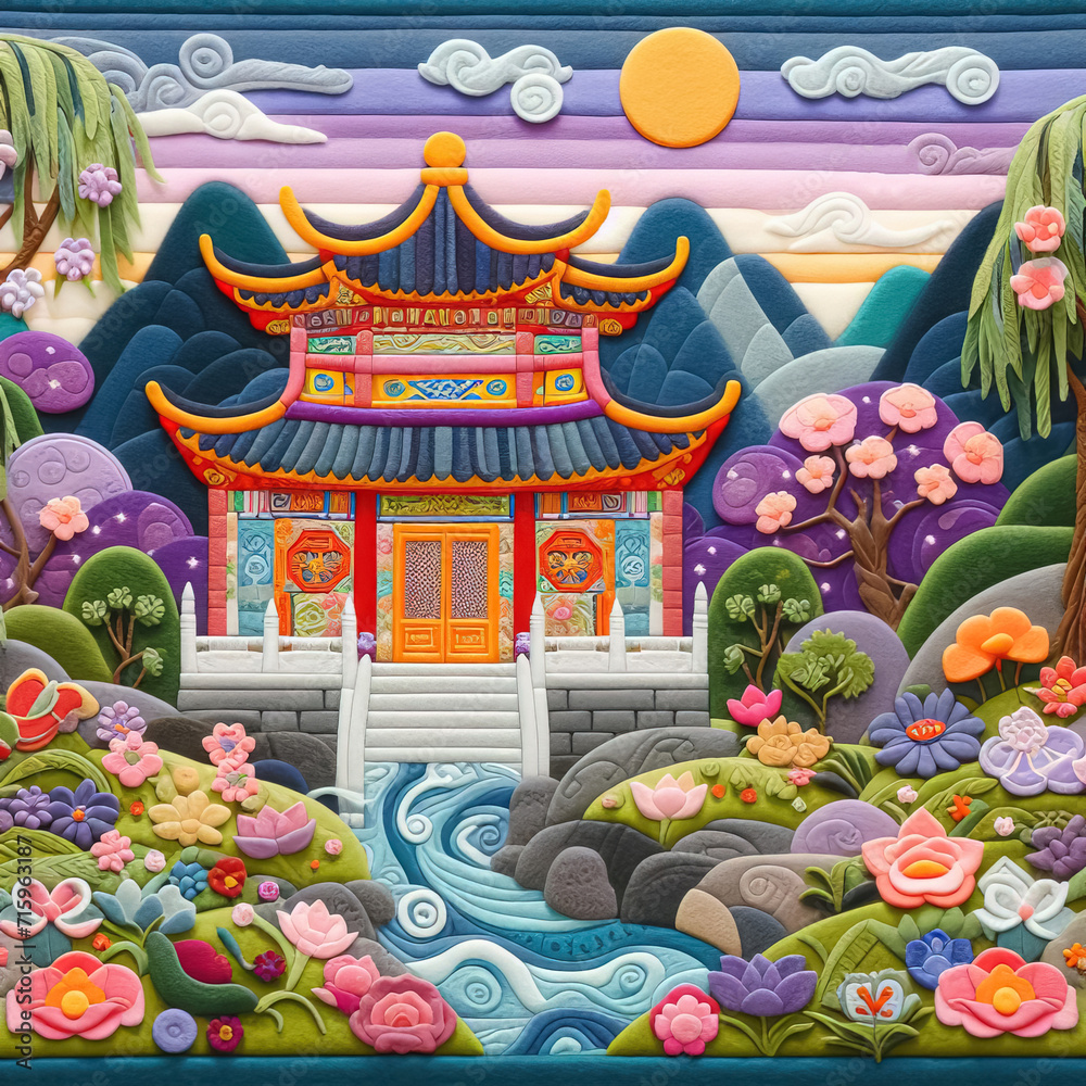 felt art patchwork, Chinese temple in the garden