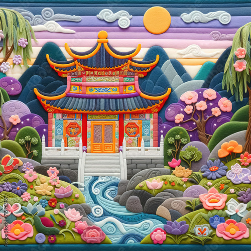 felt art patchwork, Chinese temple in the garden © lali
