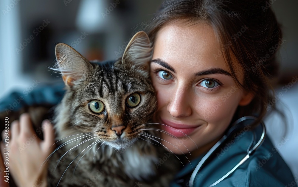 A woman's piercing gaze meets the curious eyes of her feline companion, their bond evident in the soft fur and gentle touch of whiskers against skin