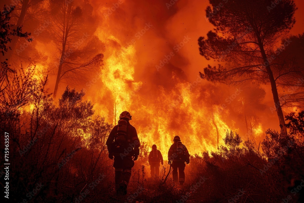 Braving the scorching heat and billowing smoke, a team of firefighters battles against a raging wildfire threatening to engulf the surrounding trees and spread further destruction, their courage and 