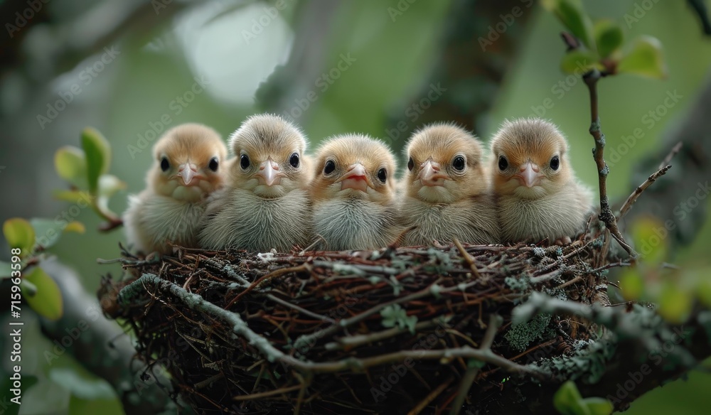 A cozy home among the treetops, a family of feathered fledglings chirp in their nest while an attentive owl perches nearby A cozy home among the treetops, a family of feathered fledglings chirp in their nest while an attentive owl perches nearby
