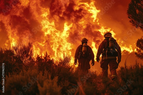 A brave firefighter braves the intense heat and billowing smoke as they approach a raging wildfire, their protective clothing shielding them from the explosion of flames and their determination fuele